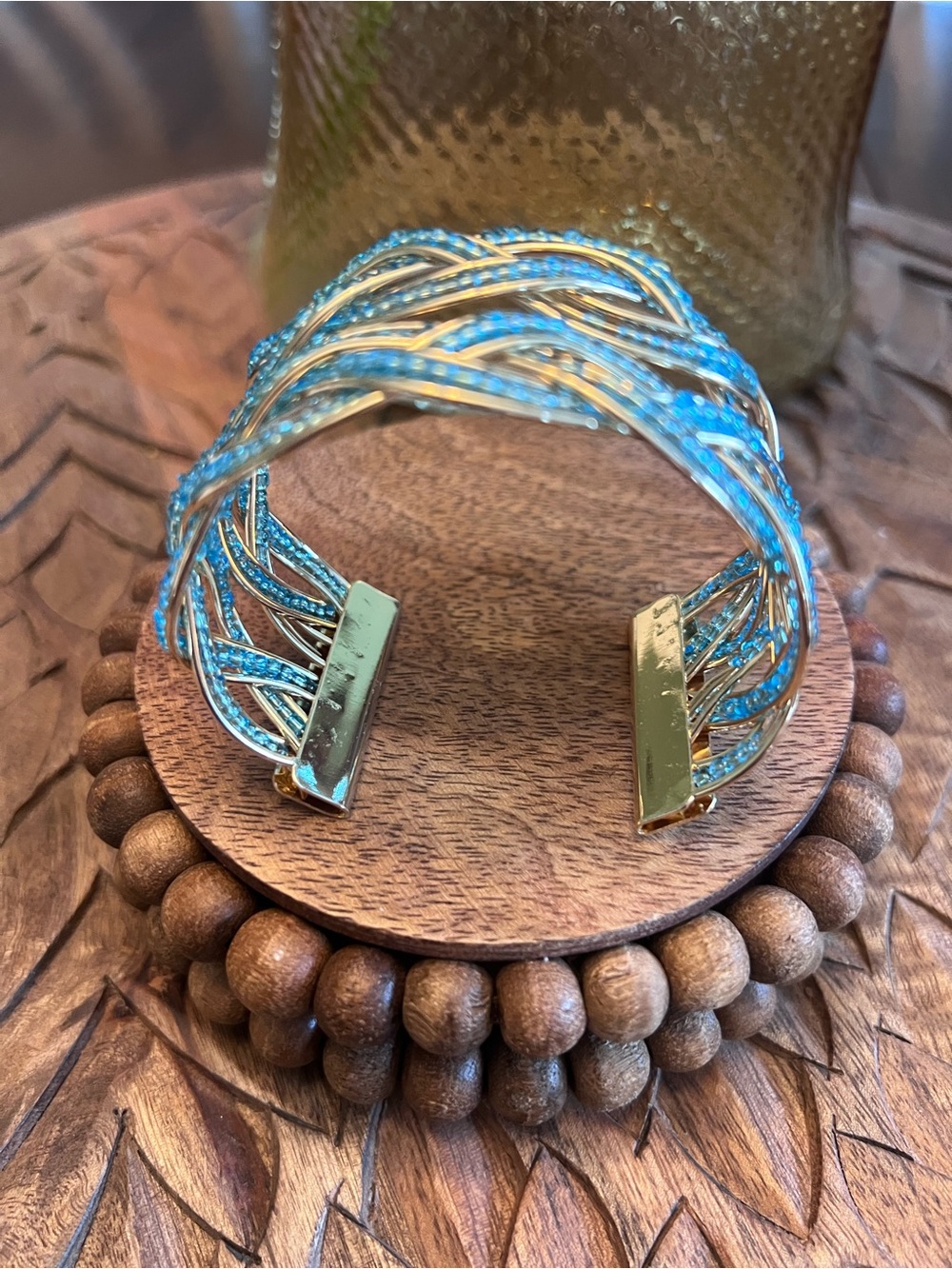New Gold-Tone Braided Cuff Bracelet with Teal Crystals - Picture 3 of 3